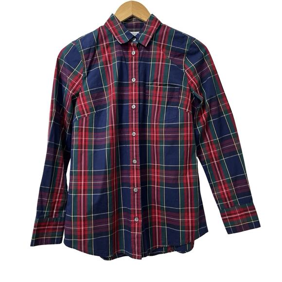 J Crew Womens Lightweight Plaid Cotton Button Up Shirt Size XS Navy Red Preppy - Picture 1 of 6